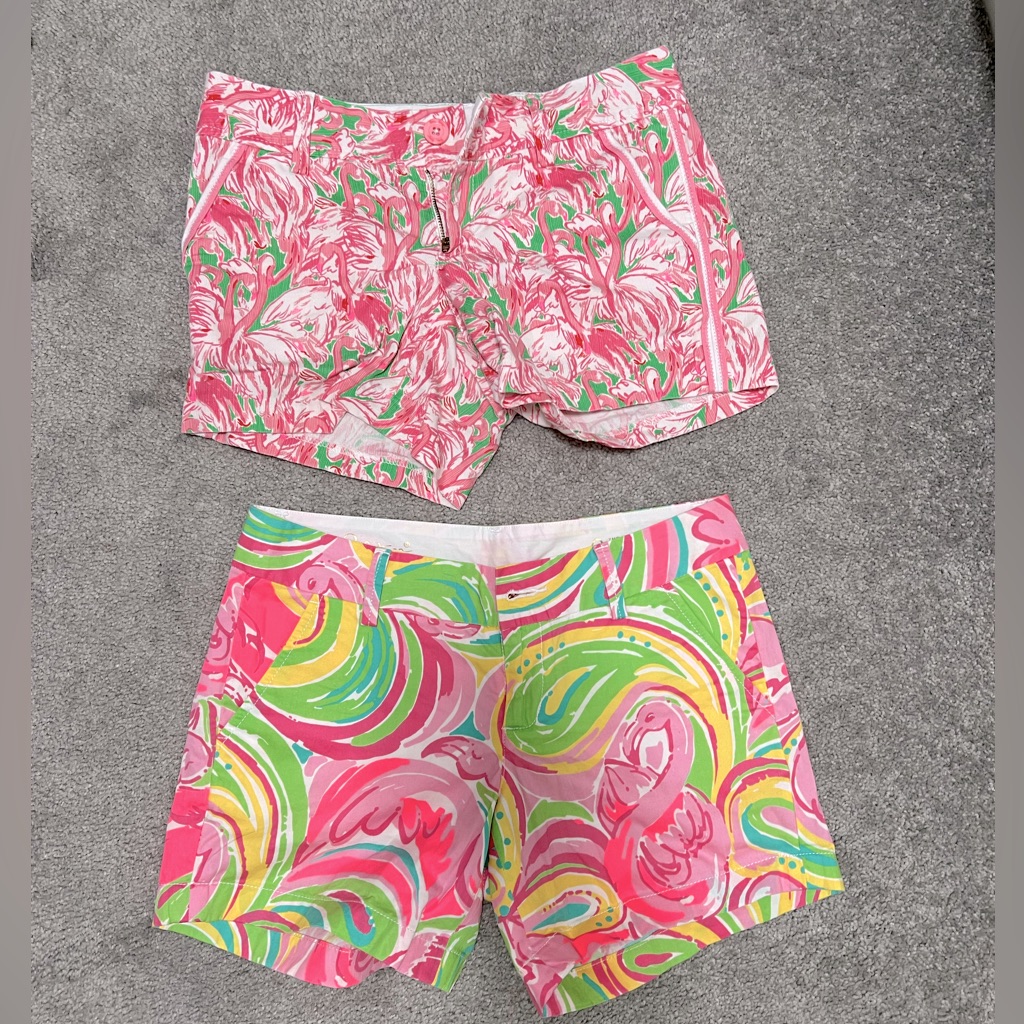 Lilly Pulitzer Pink Green Yellow Swirled & Flamingo Print Women's Shorts Duo